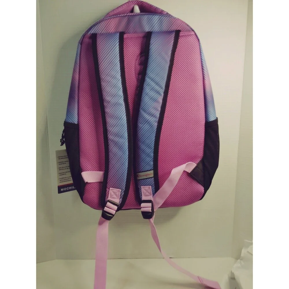 Champion Purple Pink Blue Colorblock Kids Backpack Zip, Pockets, Padded Straps